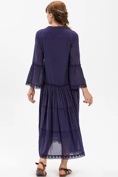 Uzun Kol Vual Şeyma Uzun Yazlık Elbise Mor Mor L Mor - Resim 2