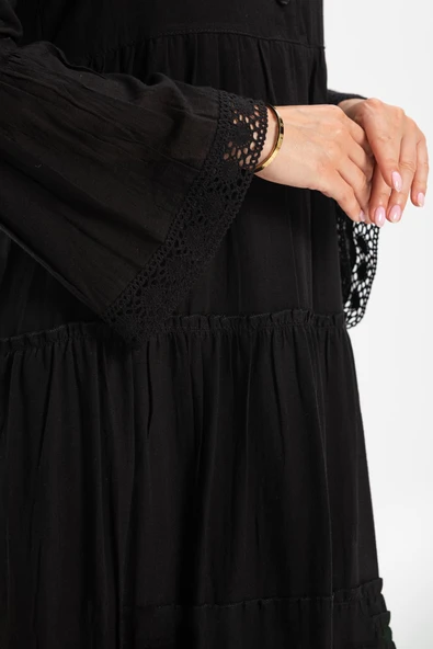 Uzun Kol Vual Şeyma Uzun Yazlık Elbise Siyah Syh M Siyah - Resim 4