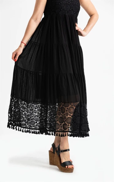 Askılı Şile Bezi Didem Uzun Yazlık Elbise Siyah Syh M Siyah - 4