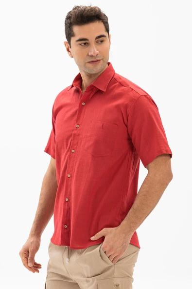 Kısa Kol Şile Bezi Tek Cepli Erkek Yazlık Gömlek Kırmızı 3051 M Kırmızı - Resim 3