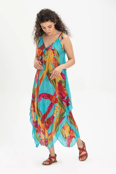 Askılı Vual Afrodit Midi Boy Yazlık Elbise Turkuaz 6149 - Resim 3