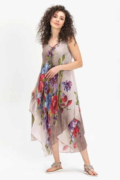 Askılı Vual Afrodit Midi Boy Yazlık Elbise Gri 6132 - Resim 4