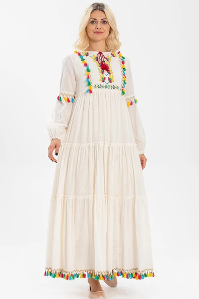 Uzun Kol Şile Bezi İffet Uzun Tesettür Elbise Krem Krm 2XL Krem ürün görseli