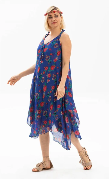 Askılı Vual Afrodit Midi Boy Yazlık Elbise Saks 6085 - Resim 4