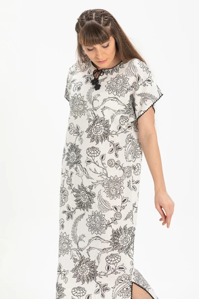 Kısa Kol Şile Bezi Baskılı Uzun Yazlık Elbise Çınar Desen Beyaz Byz L Beyaz - Resim 3