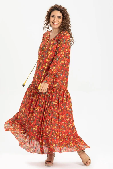 Uzun Kol Vual Gonca Uzun Yazlık Elbise Tomurcuk Desen Turuncu 6168 L/XL Turuncu ürün görseli