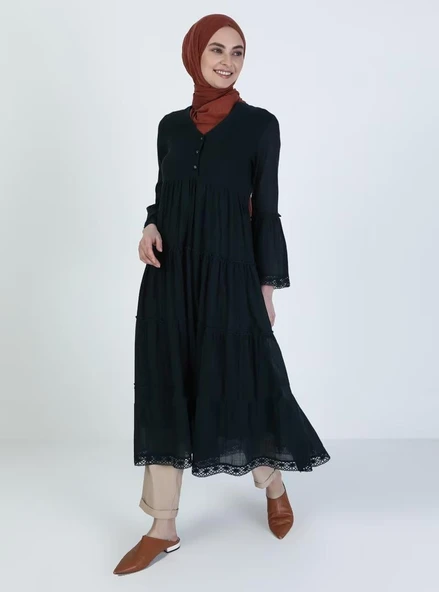 Uzun Kol Vual Şeyma Uzun Yazlık Elbise Petrol Ptrl M Petrol - Resim 7