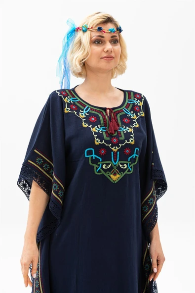 Kısa Kol Şile Bezi Gülseren Uzun Yazlık Otantik Elbise Lacivert Lcvt - Resim 4