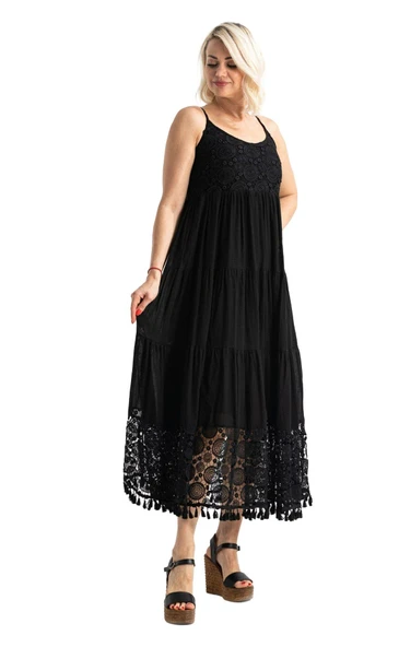 Askılı Şile Bezi Didem Uzun Yazlık Elbise Siyah Syh XL Siyah - 7