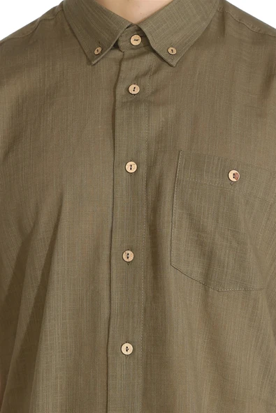 Kısa Kol Dar Kalıp Şile Bezi Tek Cepli Erkek Yazlık Gömlek Haki 3049 M Haki - Resim 3