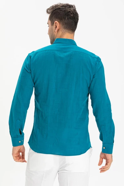 Uzun Kol Dar Kalıp Şile Bezi Tek Cepli Erkek Yazlık Gömlek Petrol 3053 M Petrol - Resim 2