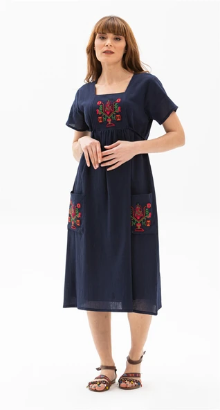 Kısa Kol Şile Bezi Büyük Beden Melek Midi Boy Yazlık Elbise Lacivert Lcvt 5XL Lacivert - Resim 5