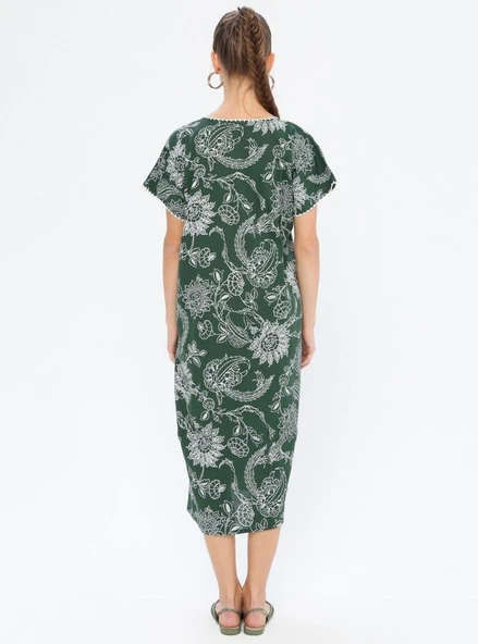 Kısa Kol Şile Bezi Baskılı Uzun Yazlık Elbise Çınar Desen Yeşil Ysl - Resim 10