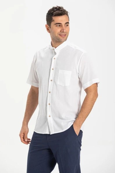 Kısa Kol Şile Bezi Hakim Yaka Tek Cepli Erkek Yazlık Gömlek Beyaz 3001 L Beyaz - Resim 3
