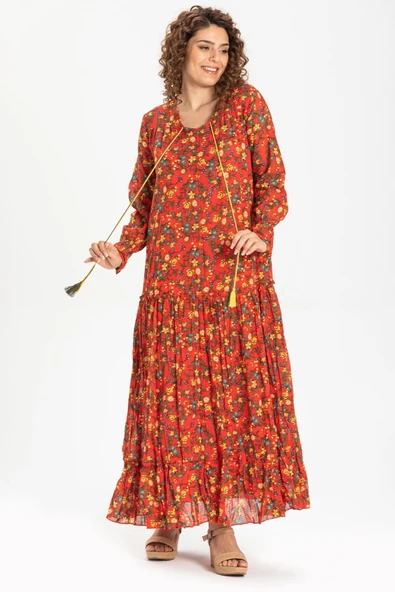 Uzun Kol Vual Gonca Uzun Yazlık Elbise Tomurcuk Desen Turuncu 6168 L/XL Turuncu - Resim 4