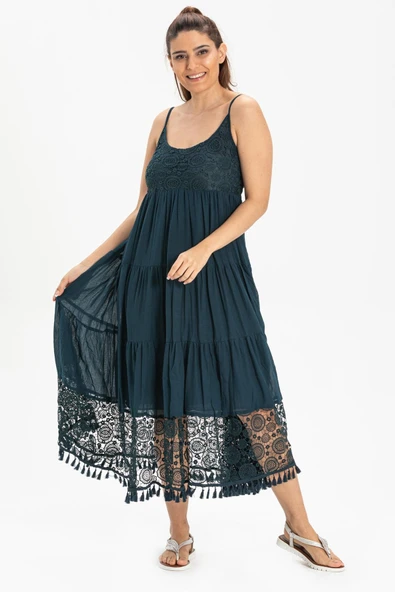 Askılı Şile Bezi Didem Uzun Yazlık Elbise Petrol Ptrl - Resim 5