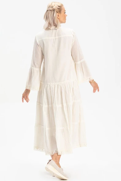 Uzun Kol Vual Şeyma Uzun Yazlık Elbise Krem Krm XL Krem - Resim 2