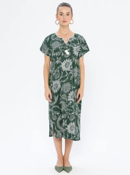 Kısa Kol Şile Bezi Baskılı Uzun Yazlık Elbise Çınar Desen Yeşil Ysl - Resim 7
