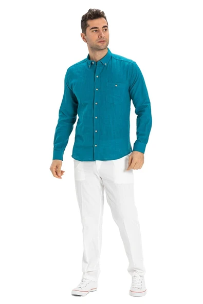 Uzun Kol Dar Kalıp Şile Bezi Tek Cepli Erkek Yazlık Gömlek Petrol 3053 L Petrol - Resim 6