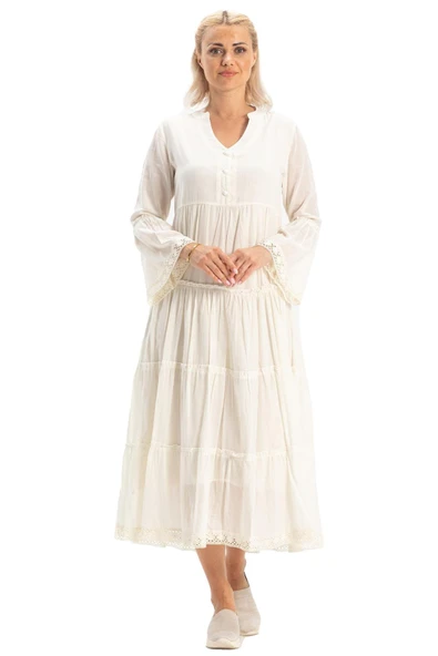 Uzun Kol Vual Şeyma Uzun Yazlık Elbise Krem Krm M Krem - Resim 7