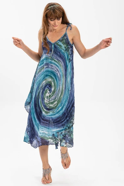 Askılı Vual Afrodit Midi Boy Yazlık Elbise Lacivert 6007 - Resim 3