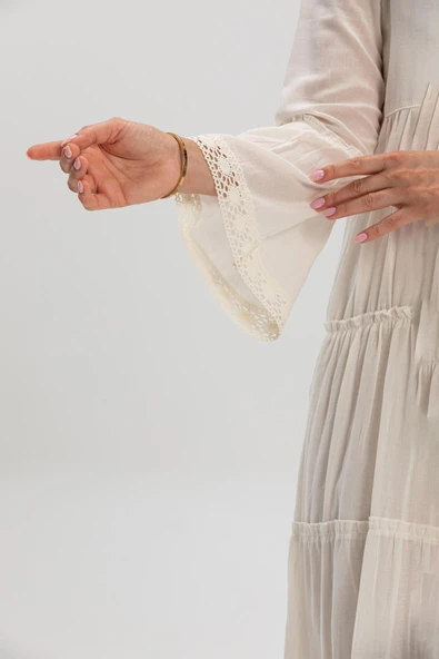 Uzun Kol Vual Şeyma Uzun Yazlık Elbise Krem Krm XL Krem - Resim 5