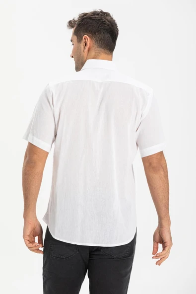 Kısa Kol Dar Kalıp Şile Bezi Tek Cepli Erkek Yazlık Gömlek Beyaz 3001 M Beyaz - Resim 2
