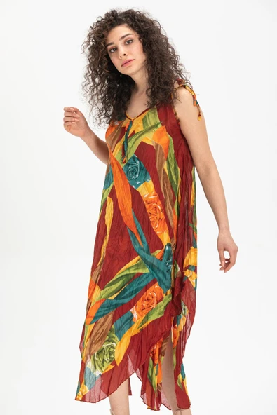 Askılı Vual Afrodit Midi Boy Yazlık Elbise Bordo 6151 - Resim 3