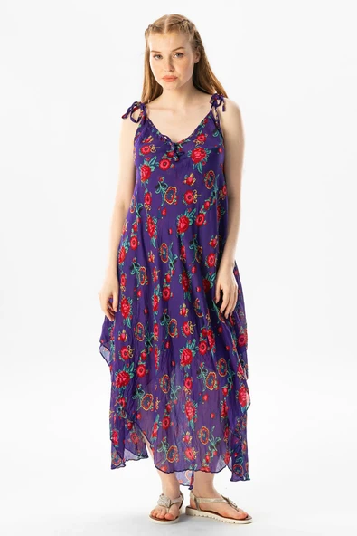 Askılı Vual Afrodit Midi Boy Yazlık Elbise Mor 6084 ürün görseli