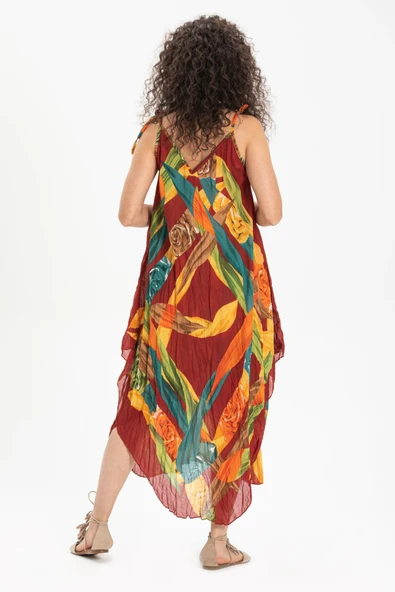 Askılı Vual Afrodit Midi Boy Yazlık Elbise Bordo 6151 - Resim 2