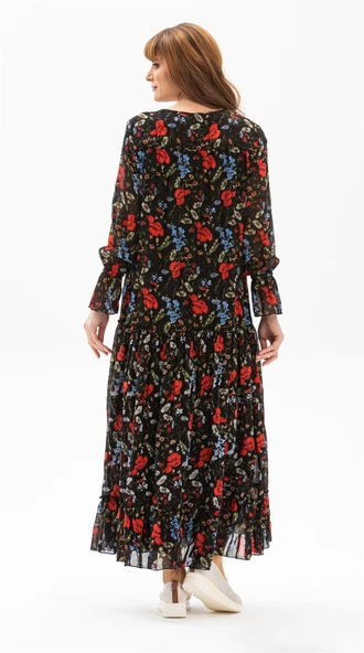 Uzun Kol Vual Gonca Uzun Yazlık Elbise Gelincik Desen Kırmızı Siyah Çizgili 6159 S/M Siyah - Resim 2