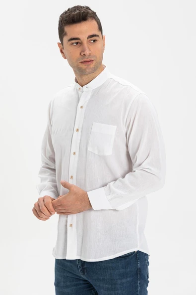 Uzun Kol Şile Bezi Hakim Yaka Tek Cepli Erkek Yazlık Gömlek Beyaz 3001 XL Beyaz ürün görseli