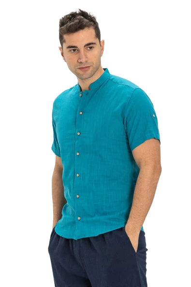 Kısa Kol Şantuklu Pamuk Bodrum Yazlık Erkek Gömlek Petrol 3053 L Petrol - Resim 6