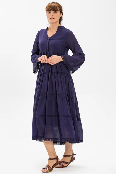 Uzun Kol Vual Şeyma Uzun Yazlık Elbise Mor Mor L Mor - Resim 4