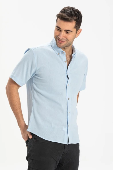 Kısa Kol Dar Kalıp Şile Bezi Tek Cepli Erkek Yazlık Gömlek Buz Mavi 3027 M Buz Mavi