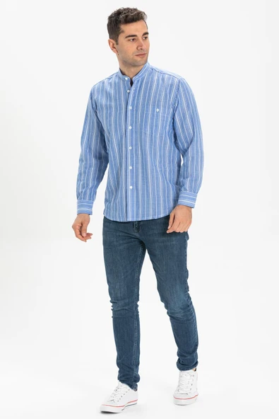 Uzun Kol Şile Bezi Hakim Yaka Tek Cepli Erkek Yazlık Gömlek Mavi Beyaz Çizgili 3019 XL Mavi Beyaz Çizgili ürün görseli
