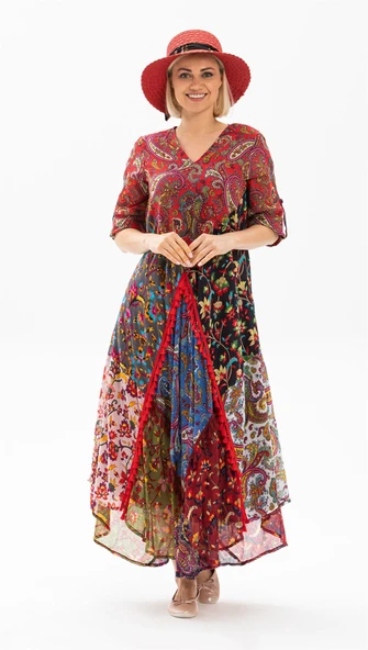 Uzun Kol Vual Patchwork Uzun Yazlık Otantik Elbise Kırmızı Krmz - Resim 5