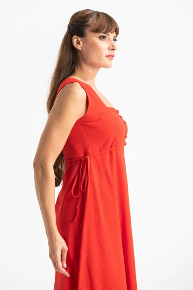 Kolsuz Şile Bezi Üçgen Katlı Midi Boy Yazlık Elbise Kırmızı Krmz S Kırmızı - Resim 3