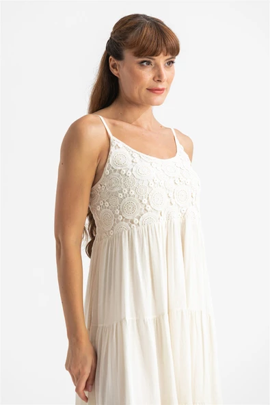 Askılı Şile Bezi Didem Uzun Yazlık Elbise Krem Krm - Resim 3