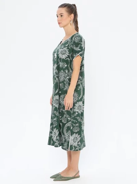 Kısa Kol Şile Bezi Baskılı Uzun Yazlık Elbise Çınar Desen Yeşil Ysl - Resim 9
