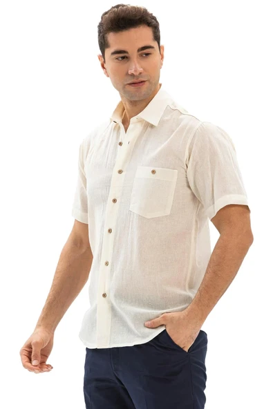 Kısa Kol Şile Bezi Tek Cepli Erkek Yazlık Gömlek Krem 3002 XL Krem - Resim 5