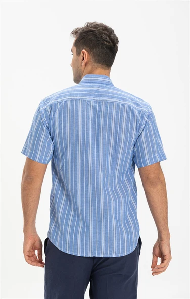 Kısa Kol Şile Bezi Tek Cepli Erkek Yazlık Gömlek Mavi Beyaz Çizgili 3019 XL Mavi Beyaz Çizgili - Resim 2