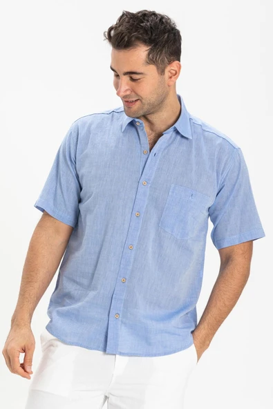 Kısa Kol Şile Bezi Tek Cepli Erkek Yazlık Gömlek Mavi 3032 L Mavi - Resim 3
