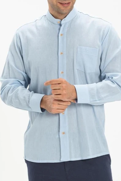 Uzun Kol Şile Bezi Hakim Yaka Tek Cepli Erkek Yazlık Gömlek Buz Mavi 3027 M Buz Mavi - Resim 3