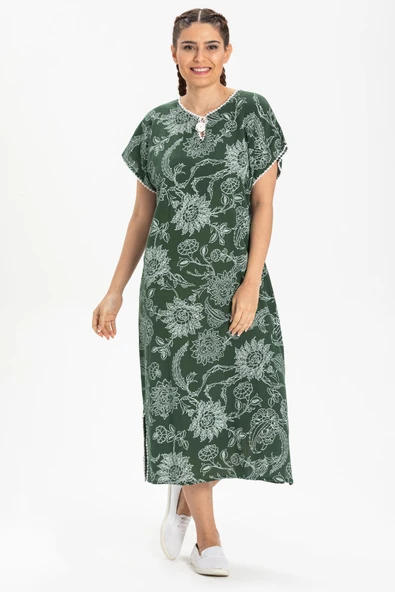 Kısa Kol Şile Bezi Baskılı Uzun Yazlık Elbise Çınar Desen Yeşil Ysl ürün görseli