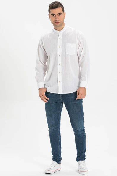 Uzun Kol Şile Bezi Hakim Yaka Tek Cepli Erkek Yazlık Gömlek Beyaz 3001 XL Beyaz - Resim 4
