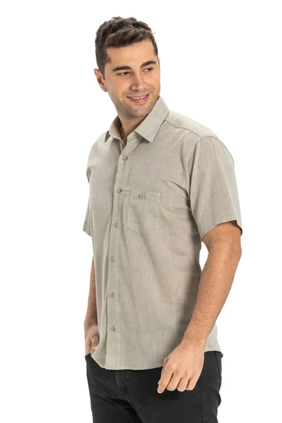 Kısa Kol Şile Bezi Tek Cepli Erkek Yazlık Gömlek Taş 3031 M Taş - Resim 5