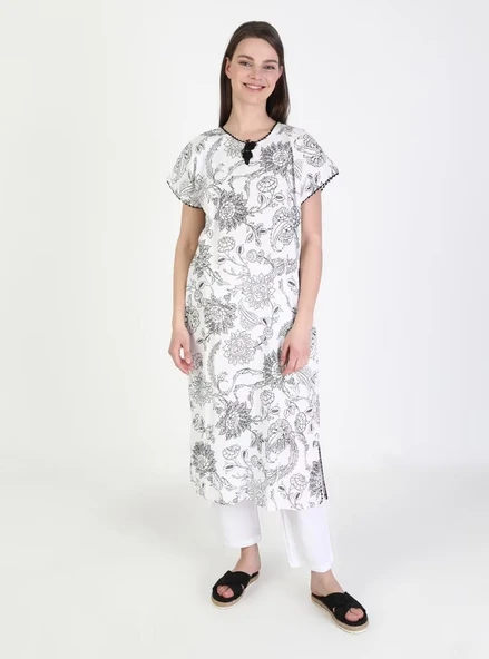 Kısa Kol Şile Bezi Baskılı Uzun Yazlık Elbise Çınar Desen Beyaz Byz L Beyaz - Resim 7