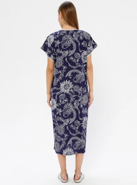 Kısa Kol Şile Bezi Baskılı Uzun Yazlık Elbise Çınar Desen Lacivert Lcvt L Lacivert - Resim 11