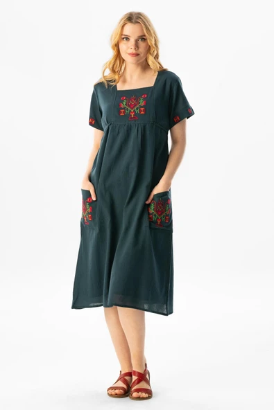 Kısa Kol Şile Bezi Melek Midi Boy Yazlık Otantik Elbise Petrol Ptrl XL Petrol - Resim 4